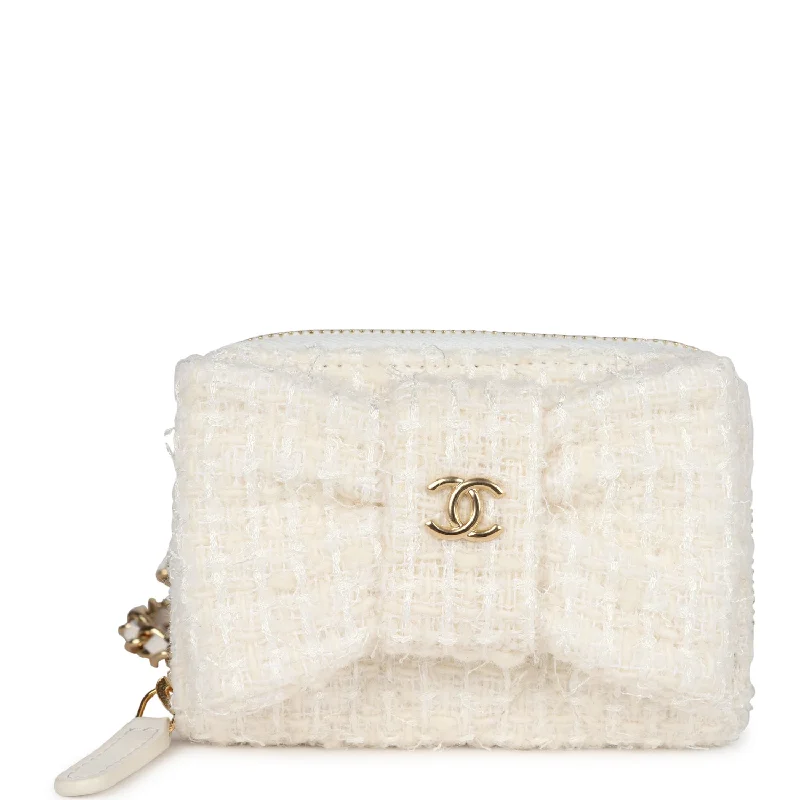 Chanel Bow Wallet Card Holder on Chain White/Beige Tweed/Calfskin Gold Hardware