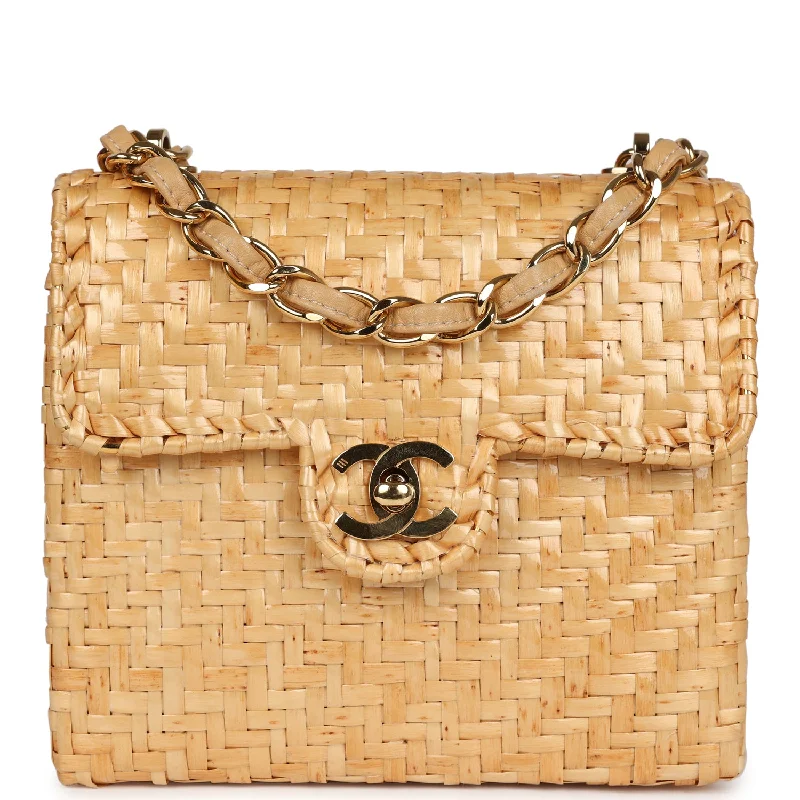 Vintage Chanel Mini Flap Bag Natural Wicker Gold Hardware